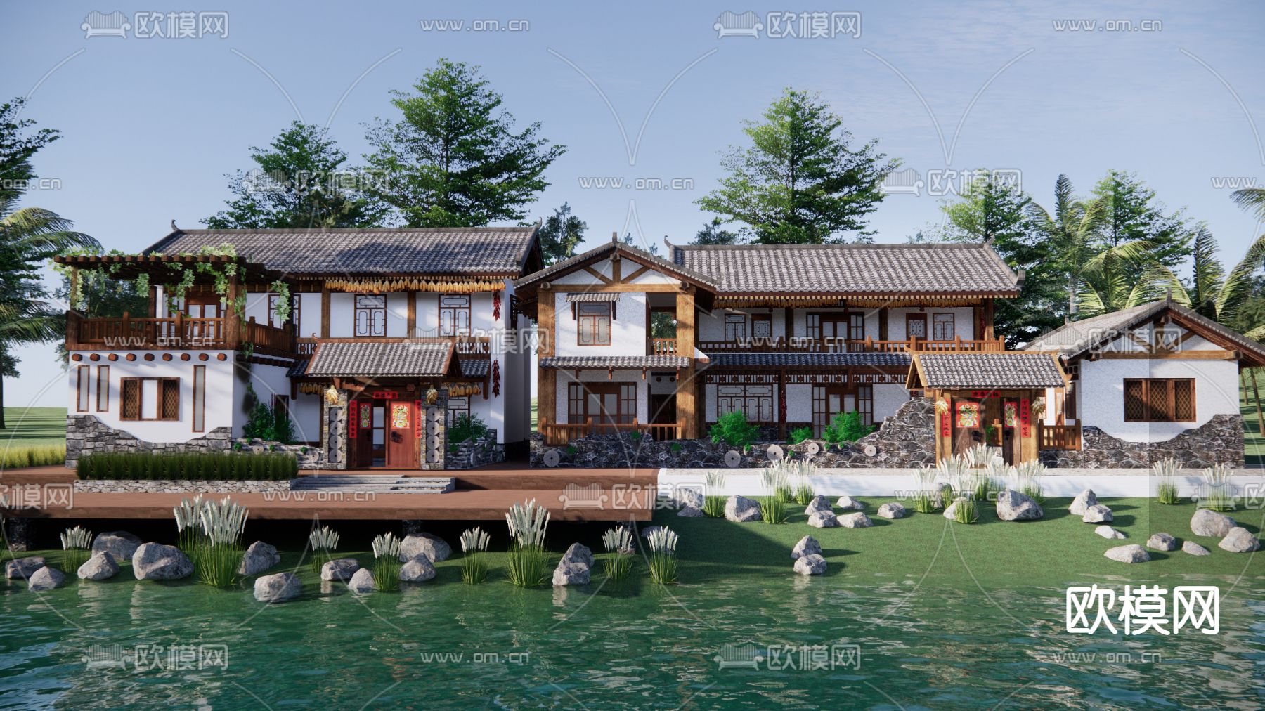 新中式乡村民宿外观su模型下载（渲染图2）