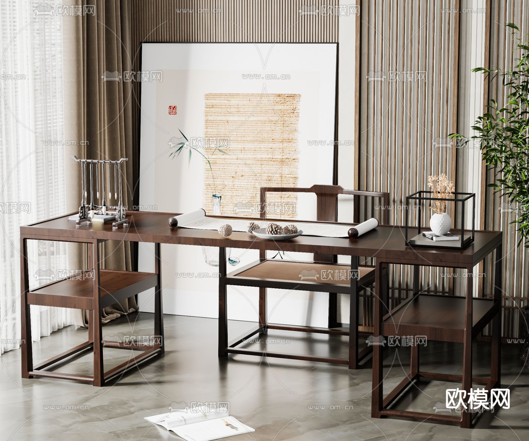 新中式书桌椅 写字台3d模型下载_ID12151540_3dmax免费模型-欧模网