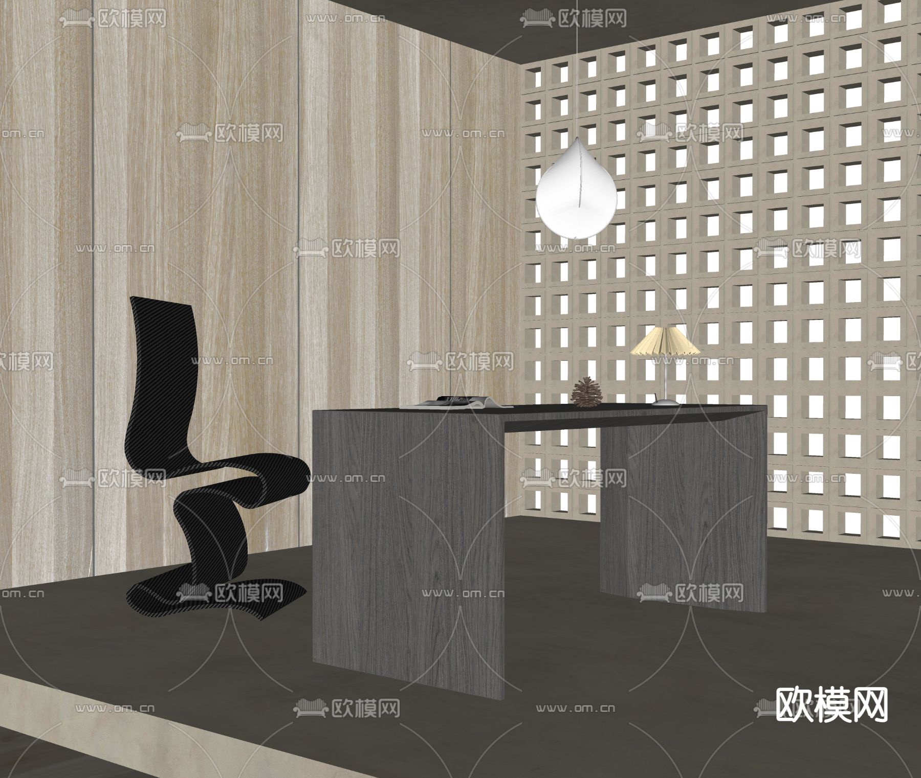 侘寂风书桌椅组合su模型下载（渲染图2）