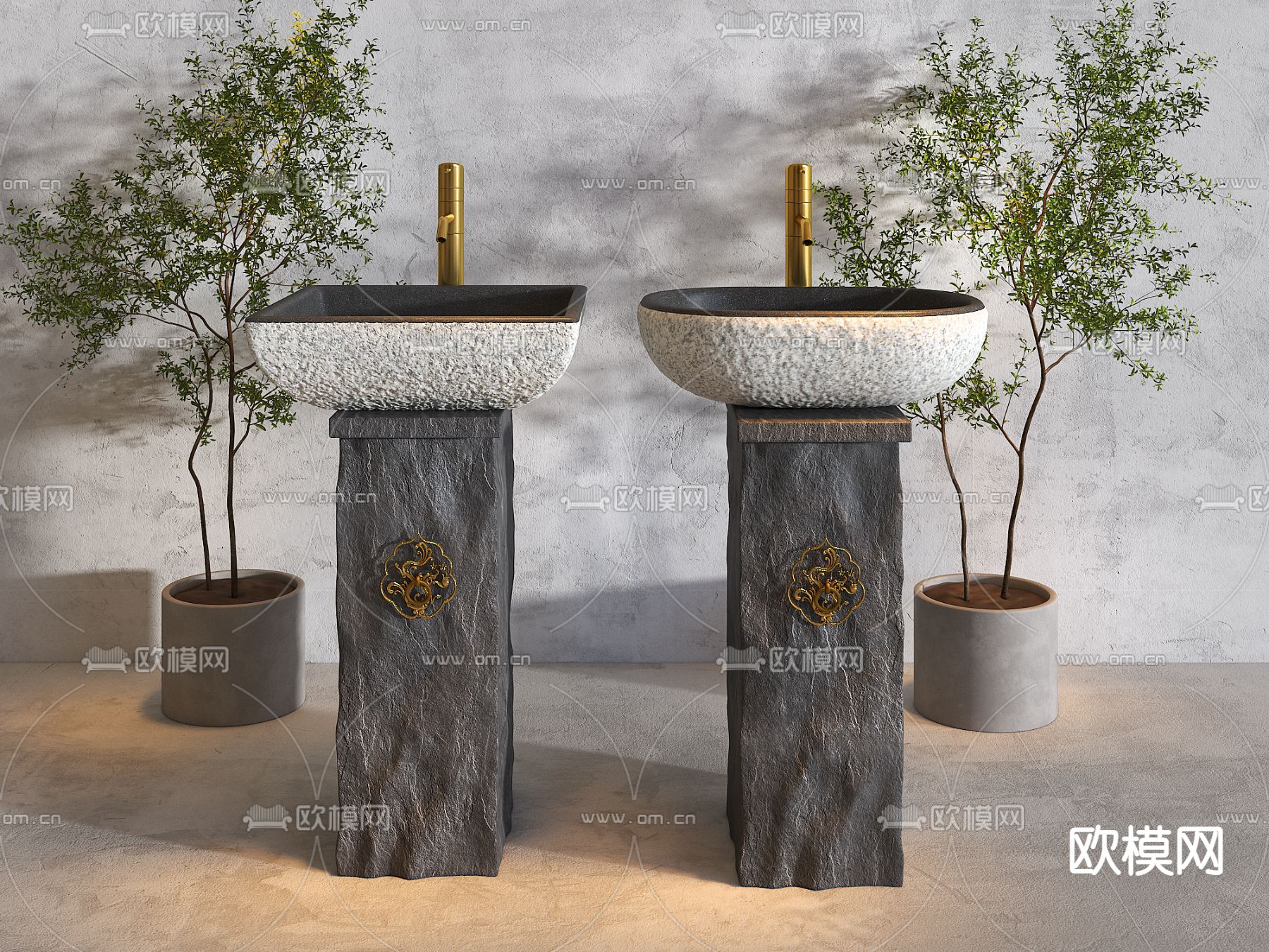 新中式石槽立柱洗手盆su模型下载（渲染图1）