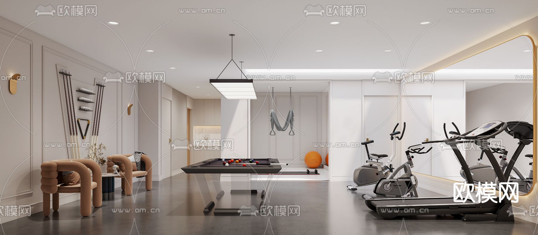 现代台球室 健身室3d模型下载