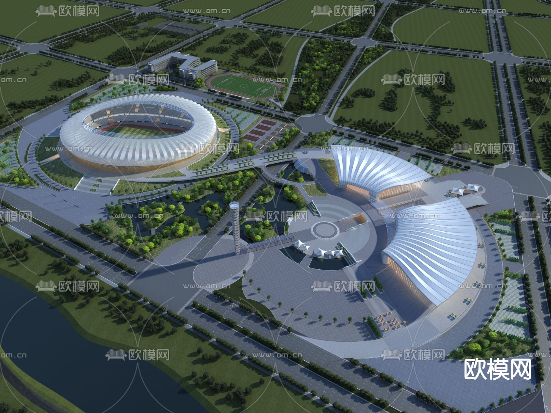 现代体育场馆外观鸟瞰3d模型