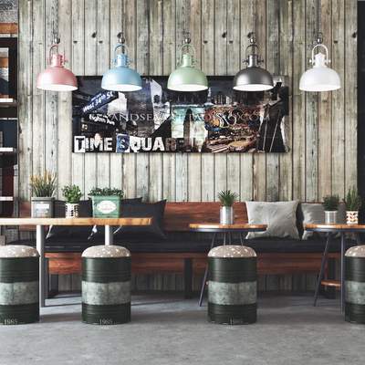  工业风咖啡厅卡座 餐桌椅su模型 