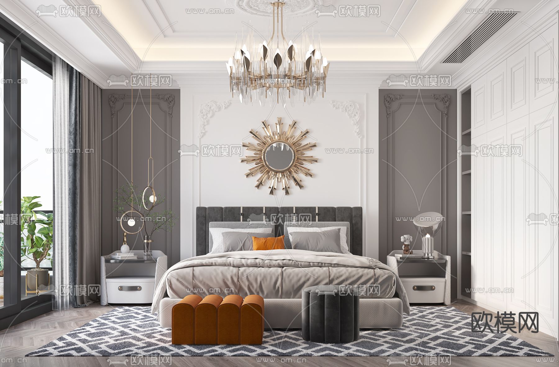 简欧卧室 主人房3d模型下载（渲染图1）