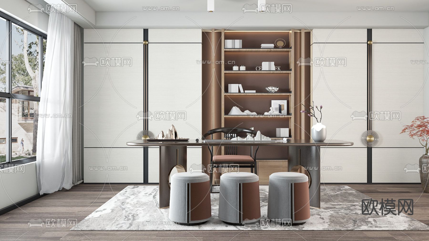 新中式书房su模型下载（渲染图1）