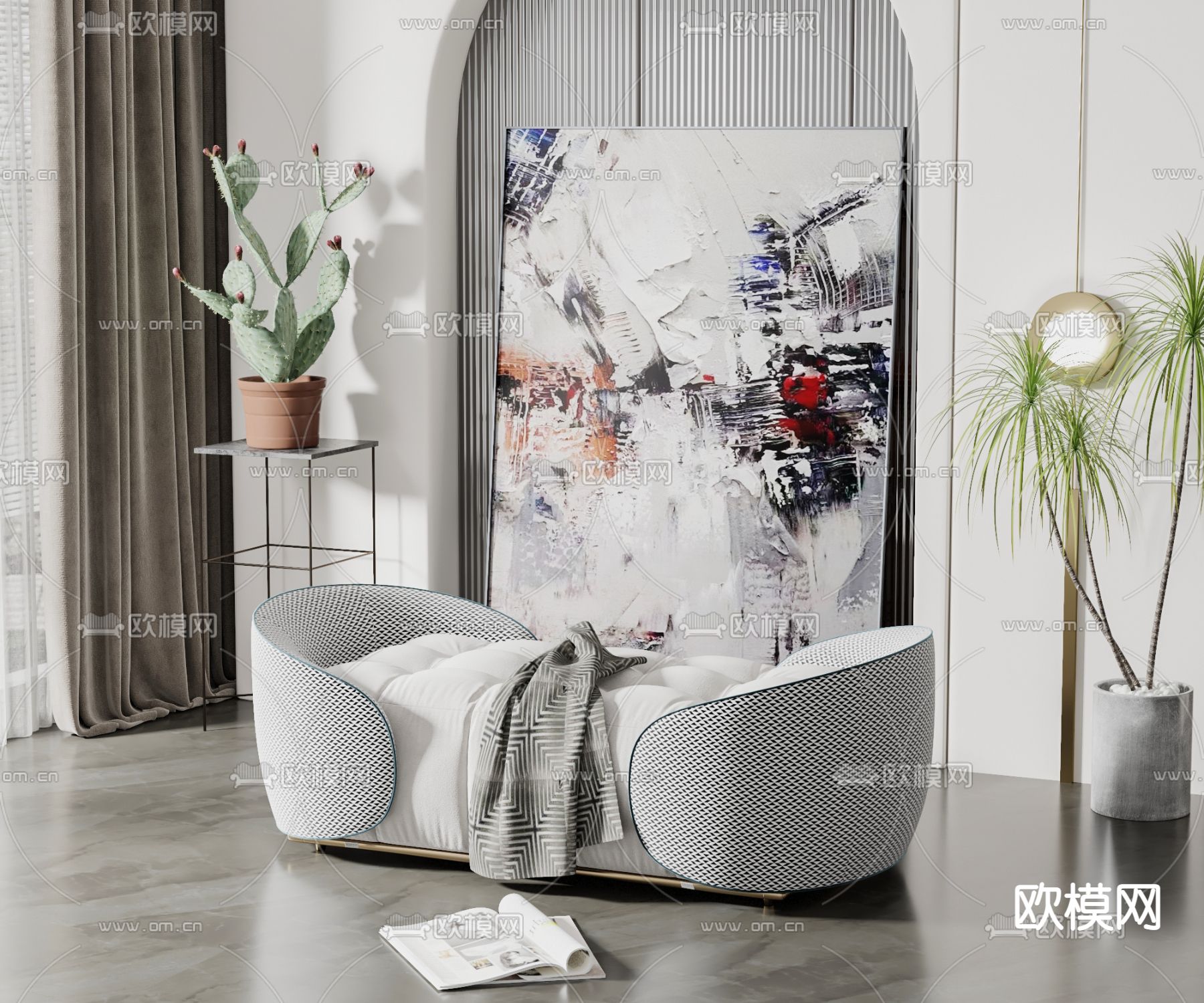 现代布艺沙发凳su模型下载（渲染图1）