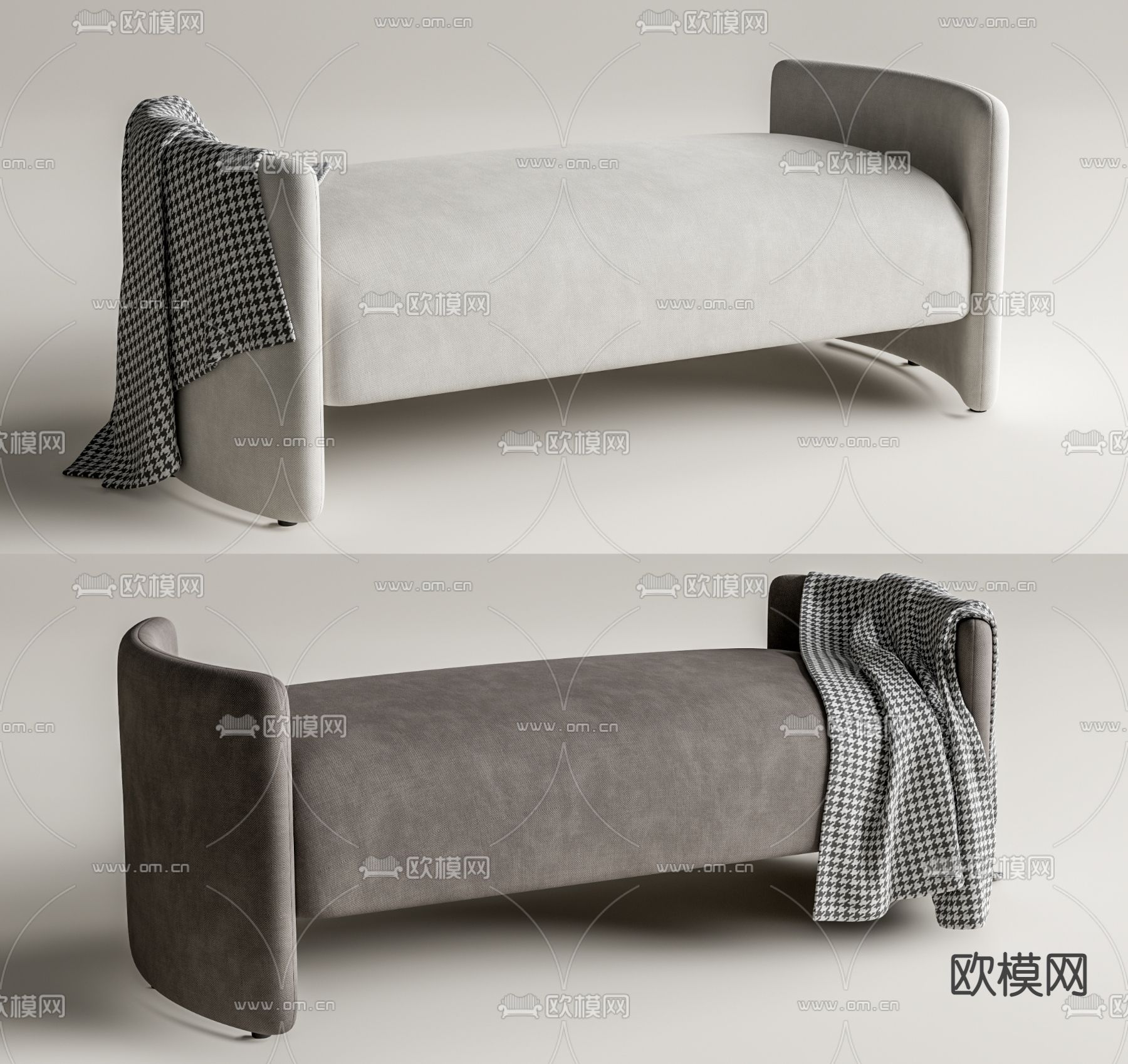 现代灰色床尾凳 脚踏su模型下载（渲染图1）