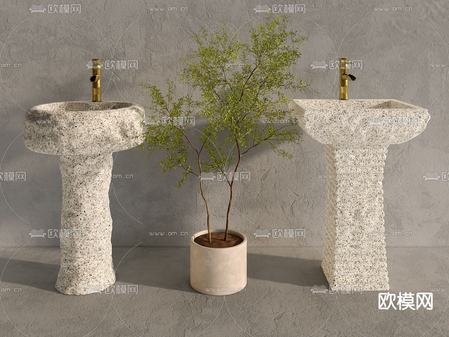 自然风石槽立柱洗手盆su模型下载（渲染图1）