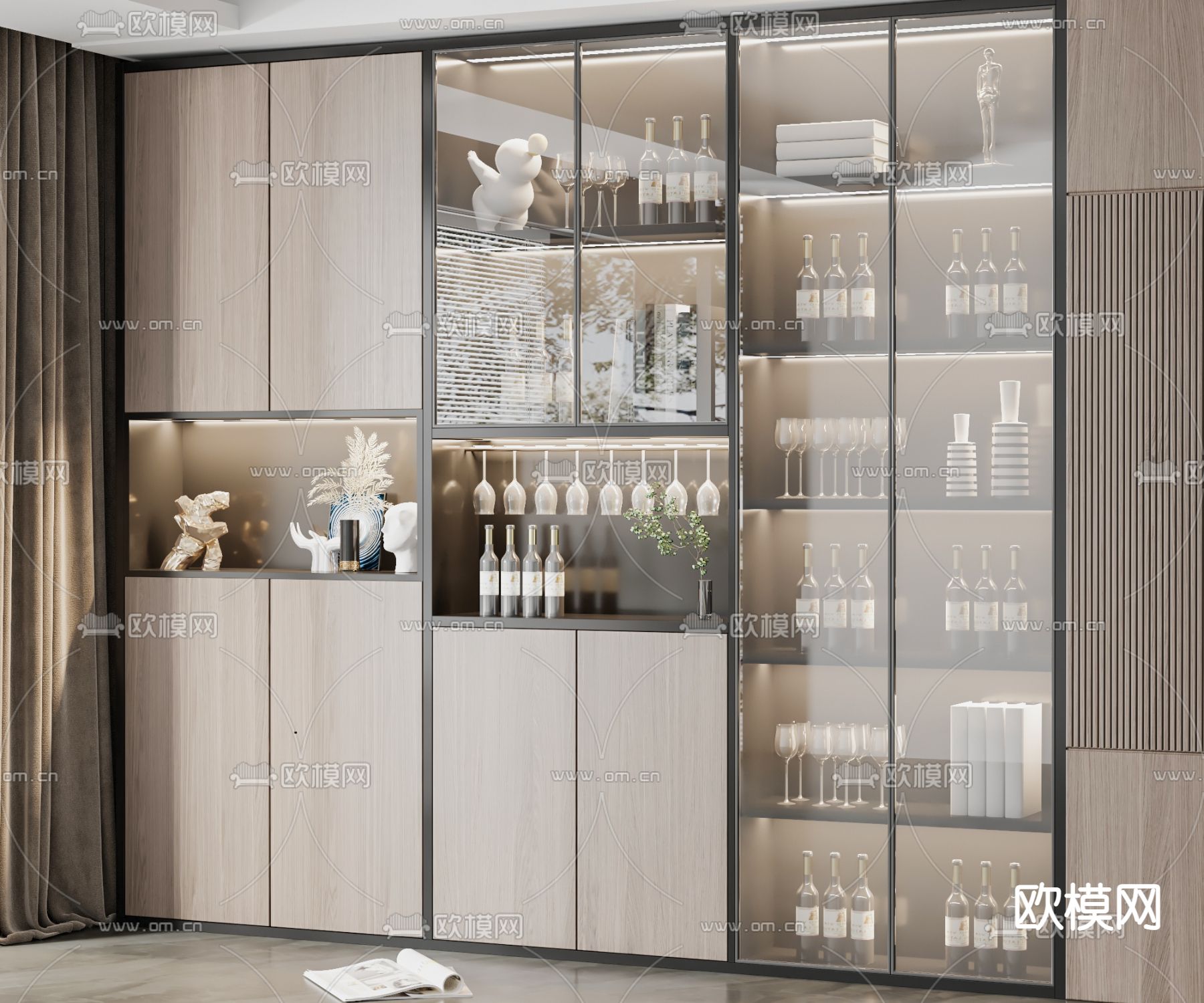 现代玻璃门酒柜su模型下载（渲染图1）