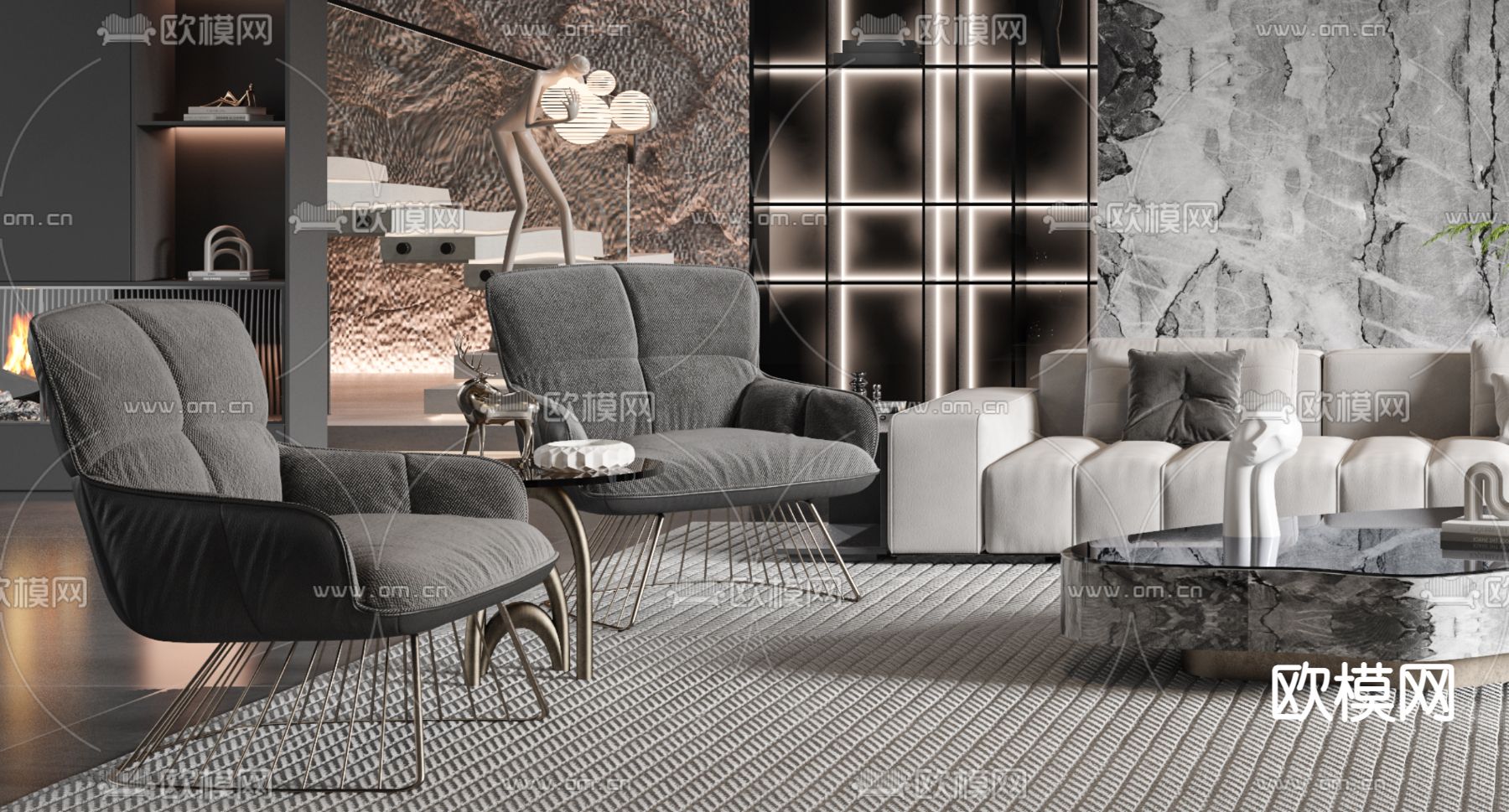 暗黑风灰客厅3d模型下载（渲染图3）