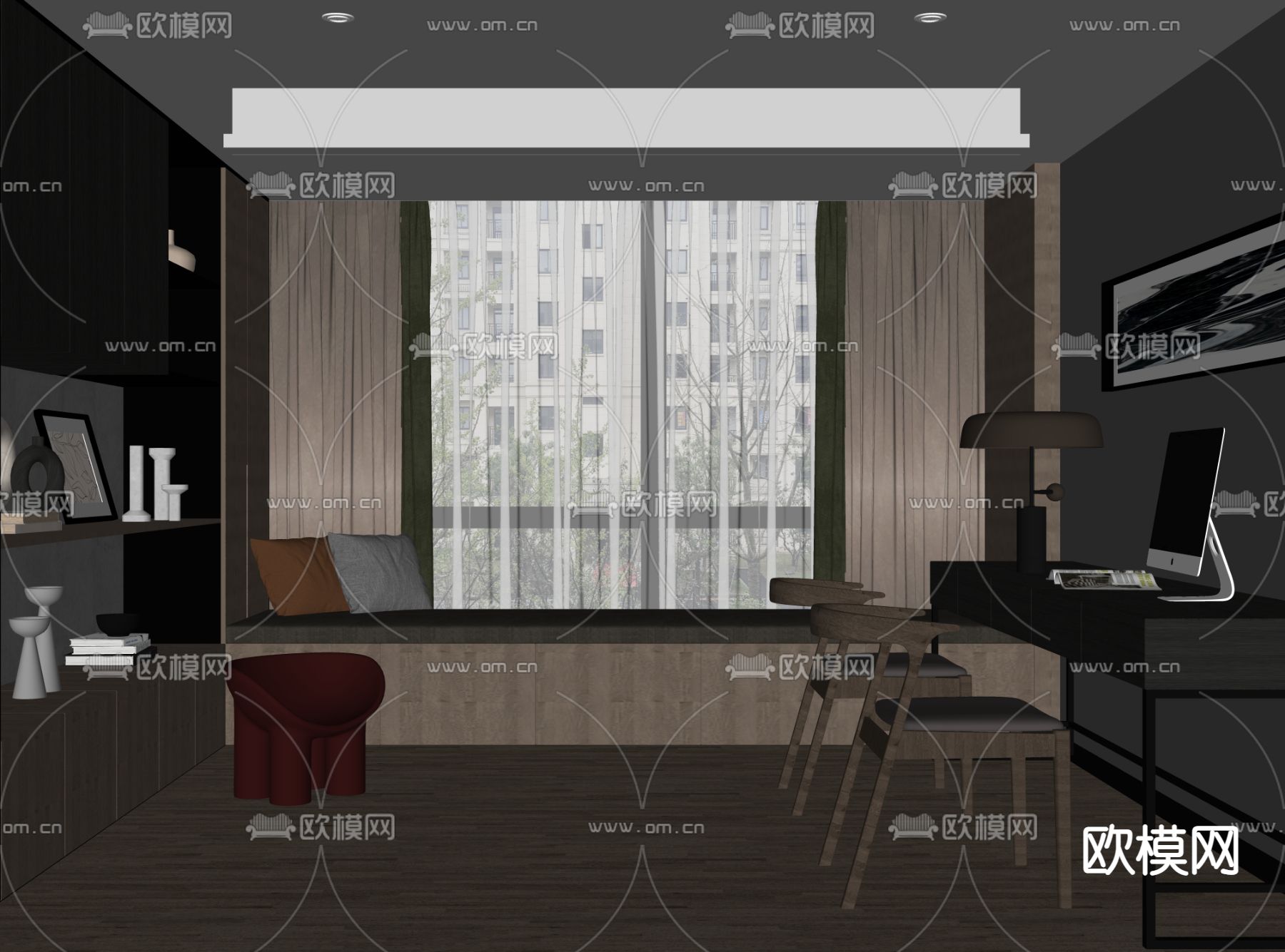 现代书房su模型下载（渲染图2）