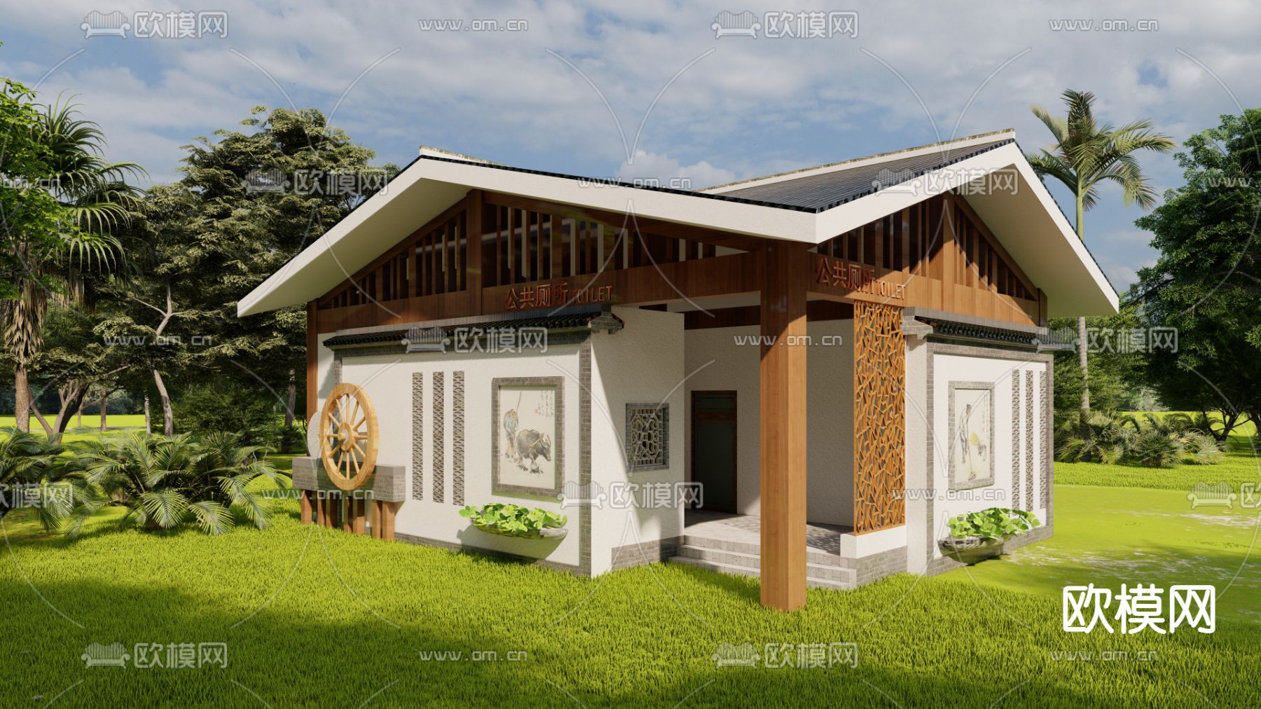 新中式公共卫生间su模型下载（渲染图1）