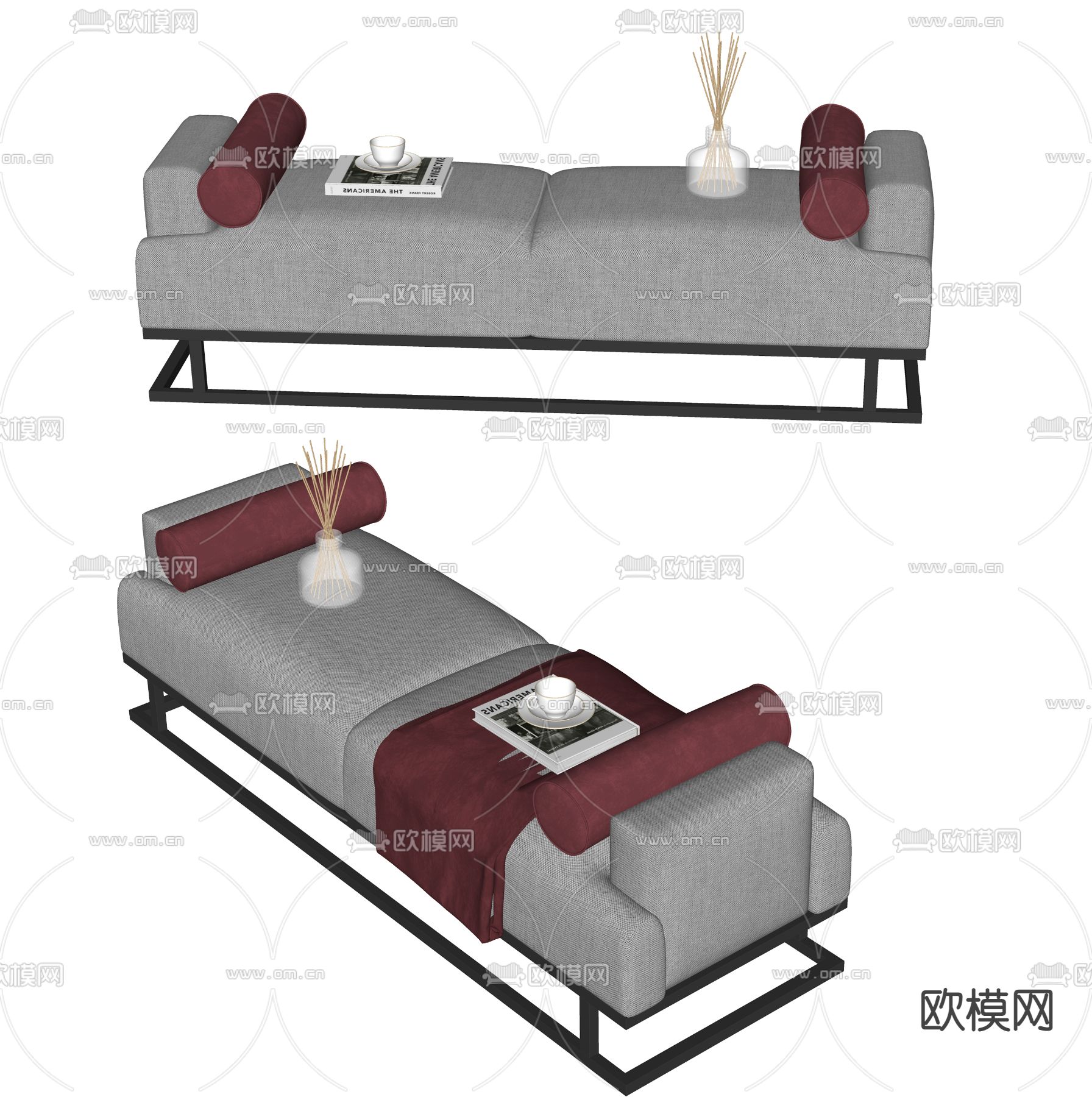 新中式灰色床尾凳 脚踏su模型下载