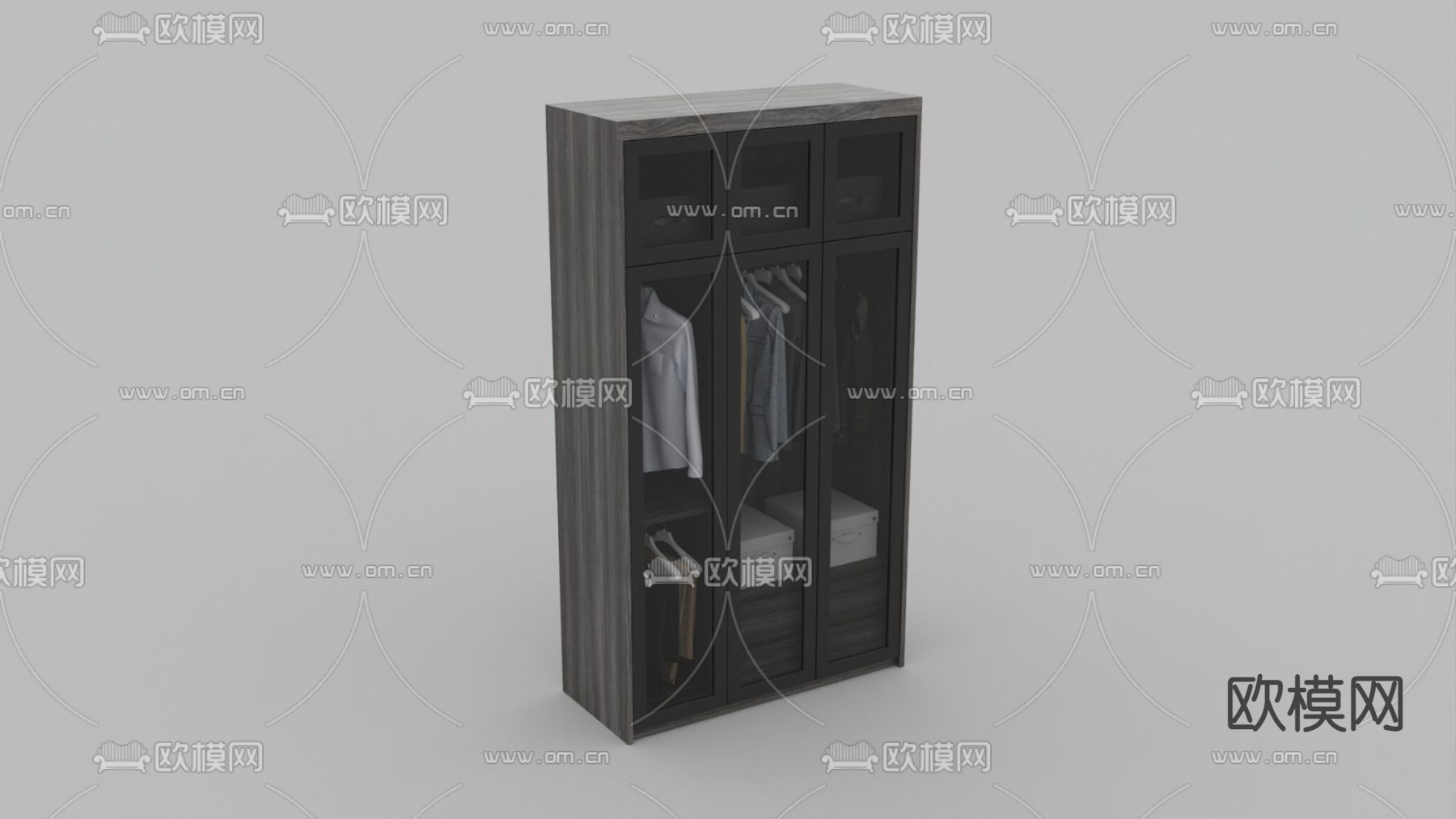 现代简约实木玻璃门衣柜免费3d模型下载