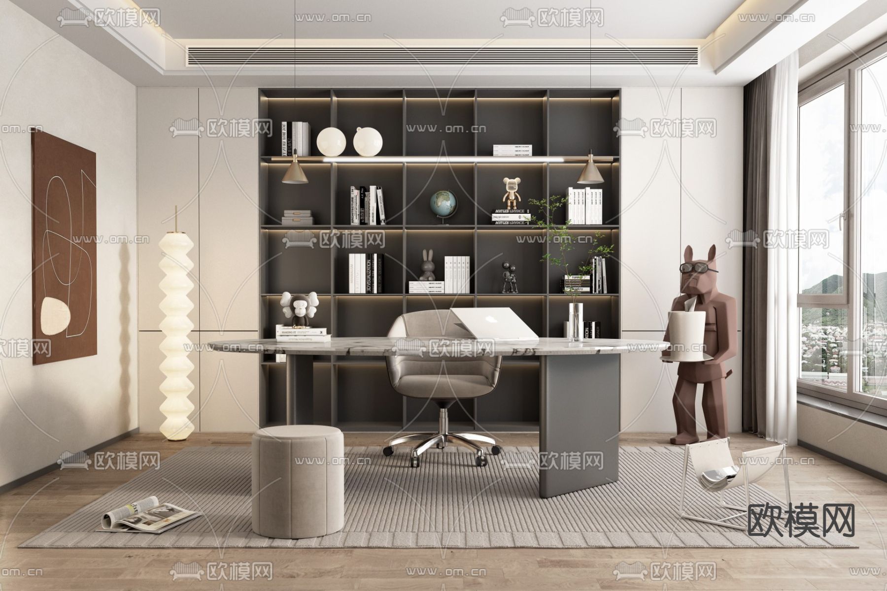 现代书房su模型下载（渲染图1）