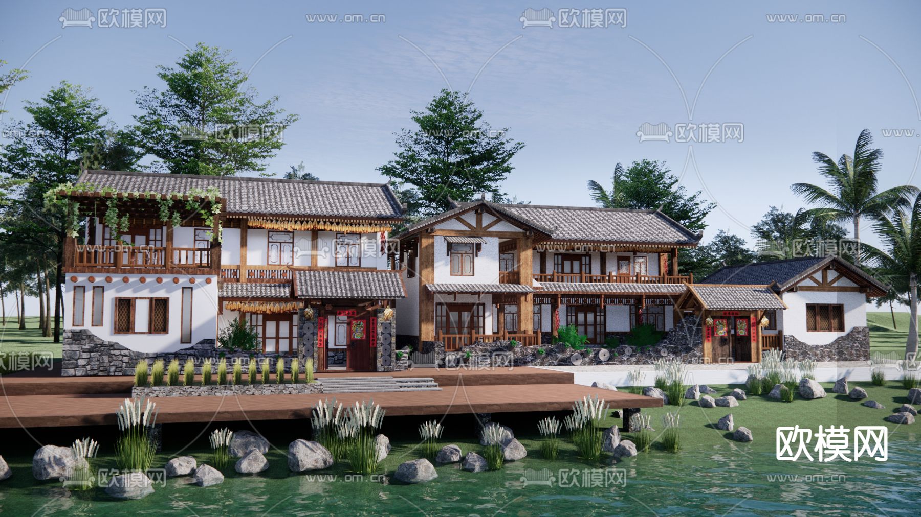 新中式乡村民宿外观su模型下载（渲染图1）