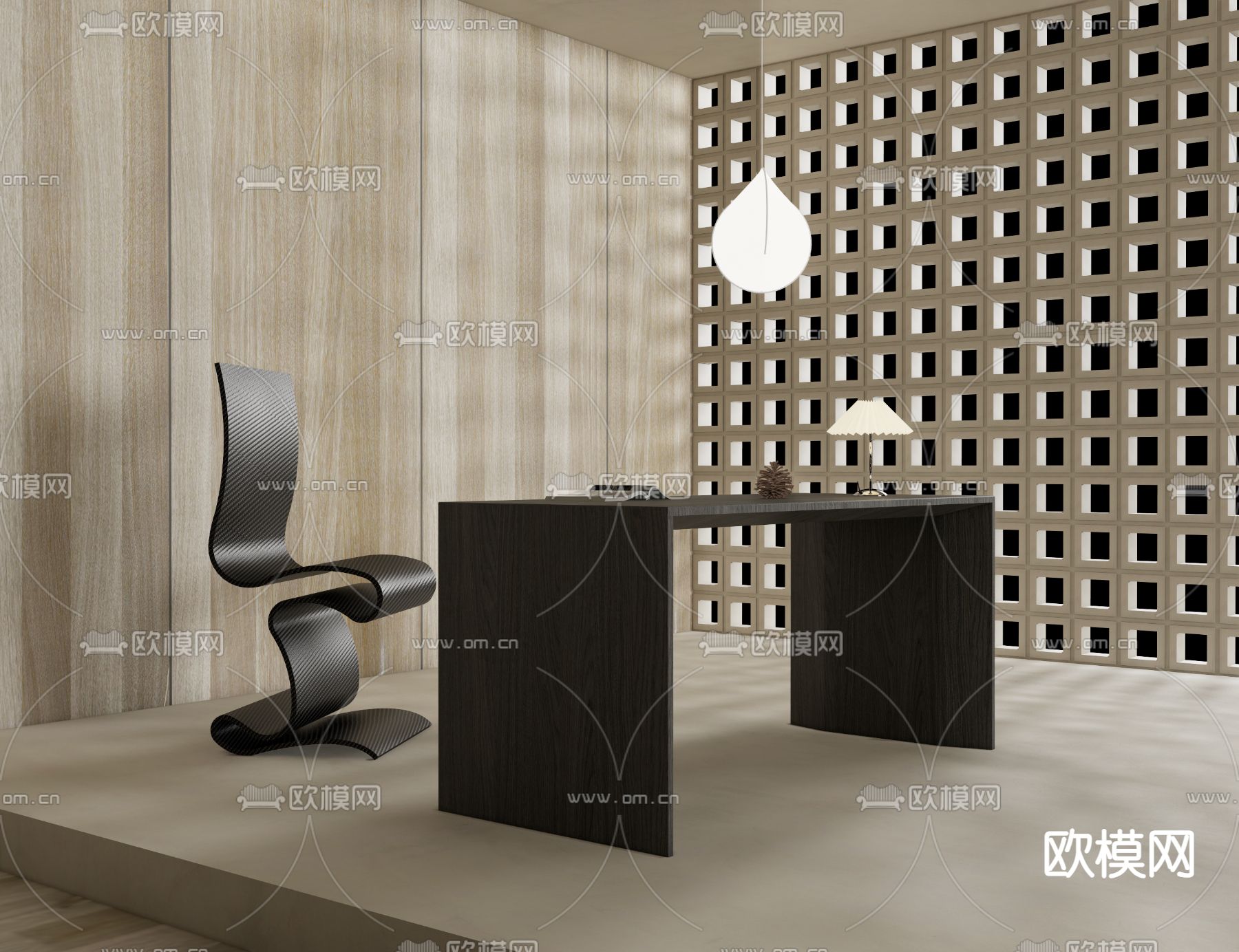 侘寂风书桌椅组合su模型下载（渲染图1）