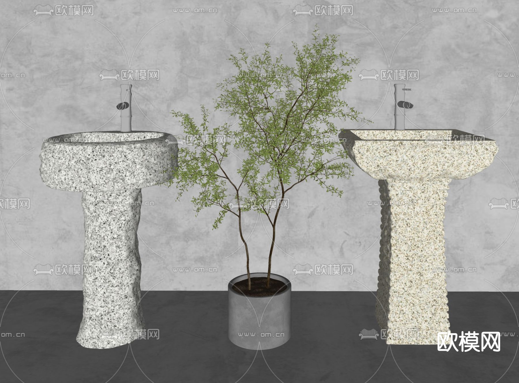 自然风石槽立柱洗手盆su模型下载（渲染图2）