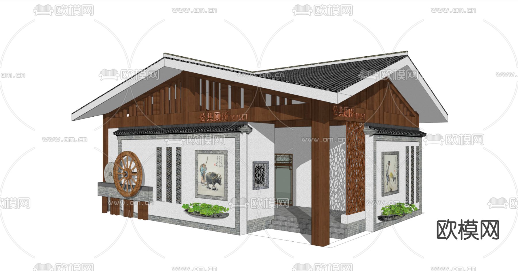 新中式公共卫生间su模型下载（渲染图2）