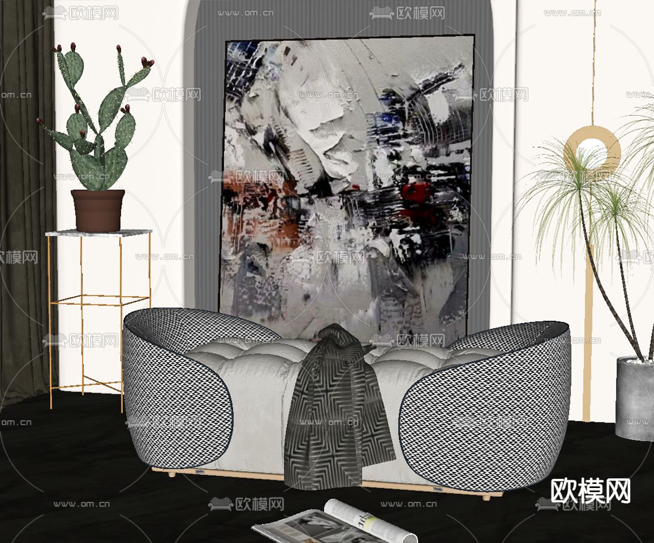 现代布艺沙发凳su模型下载（渲染图2）