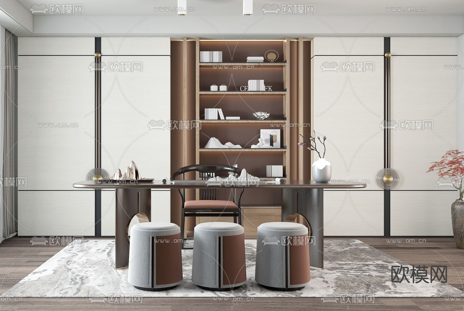 新中式书房su模型下载（渲染图2）