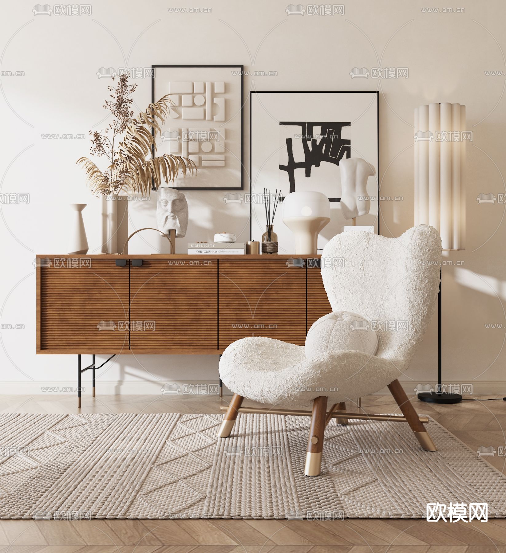 侘寂风白色休闲椅 边柜su模型下载（渲染图1）