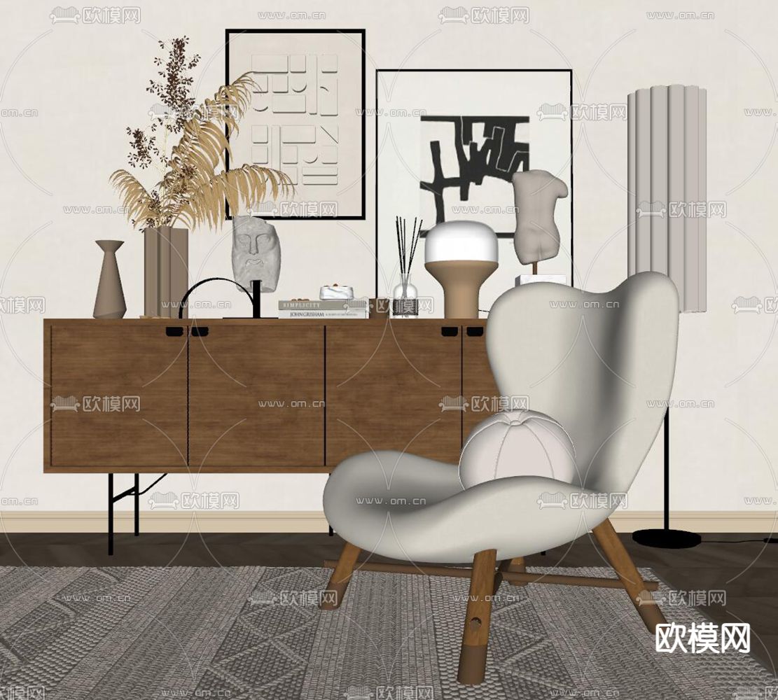 侘寂风白色休闲椅 边柜su模型下载（渲染图2）