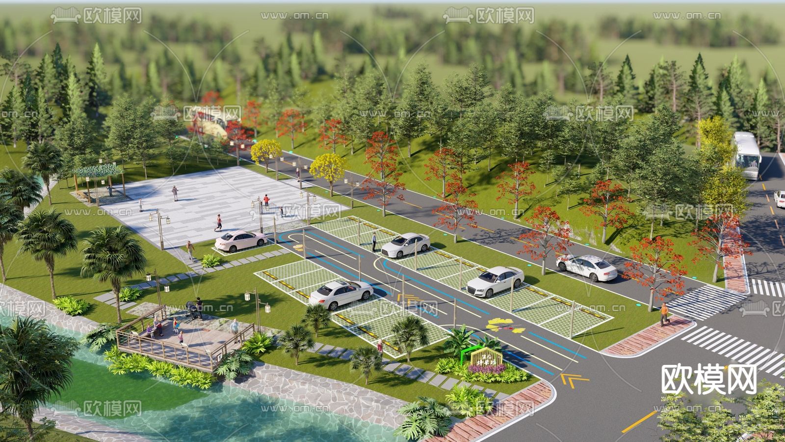 现代生态彩绘停车场su模型下载（渲染图1）