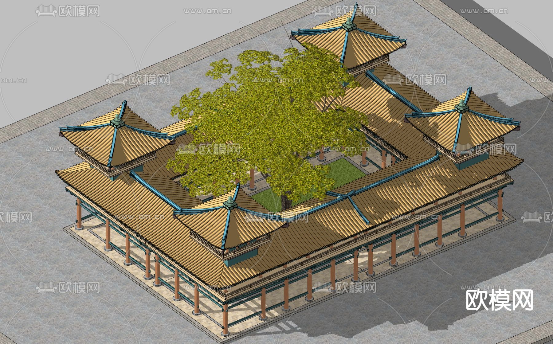 中式古建角楼连体回廊su模型下载（渲染图5）