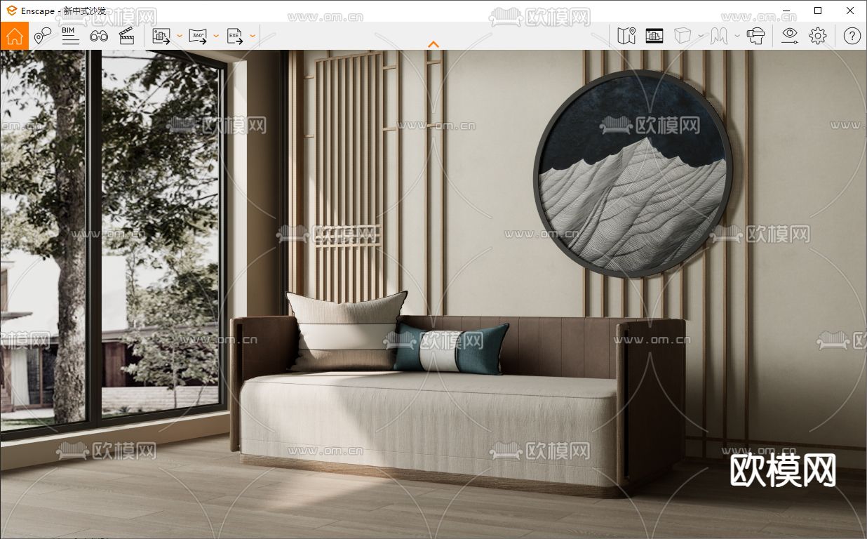 新中式双人沙发su模型下载（渲染图3）