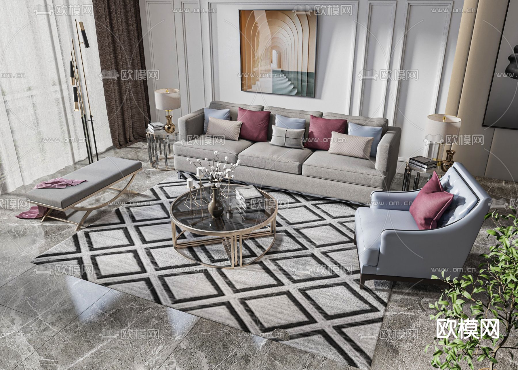 高级灰组合沙发3d模型下载