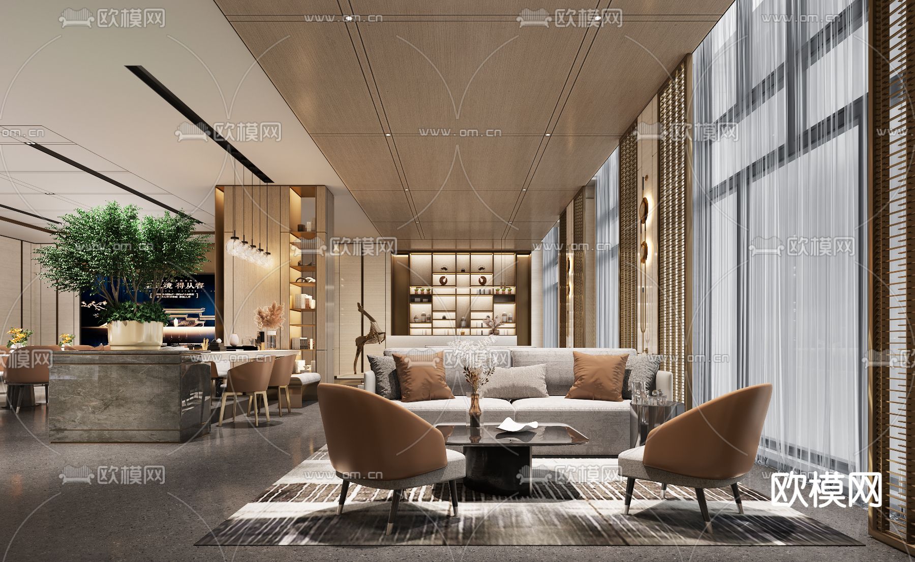 新中式售楼处接待大厅3D模型下载（渲染图2）