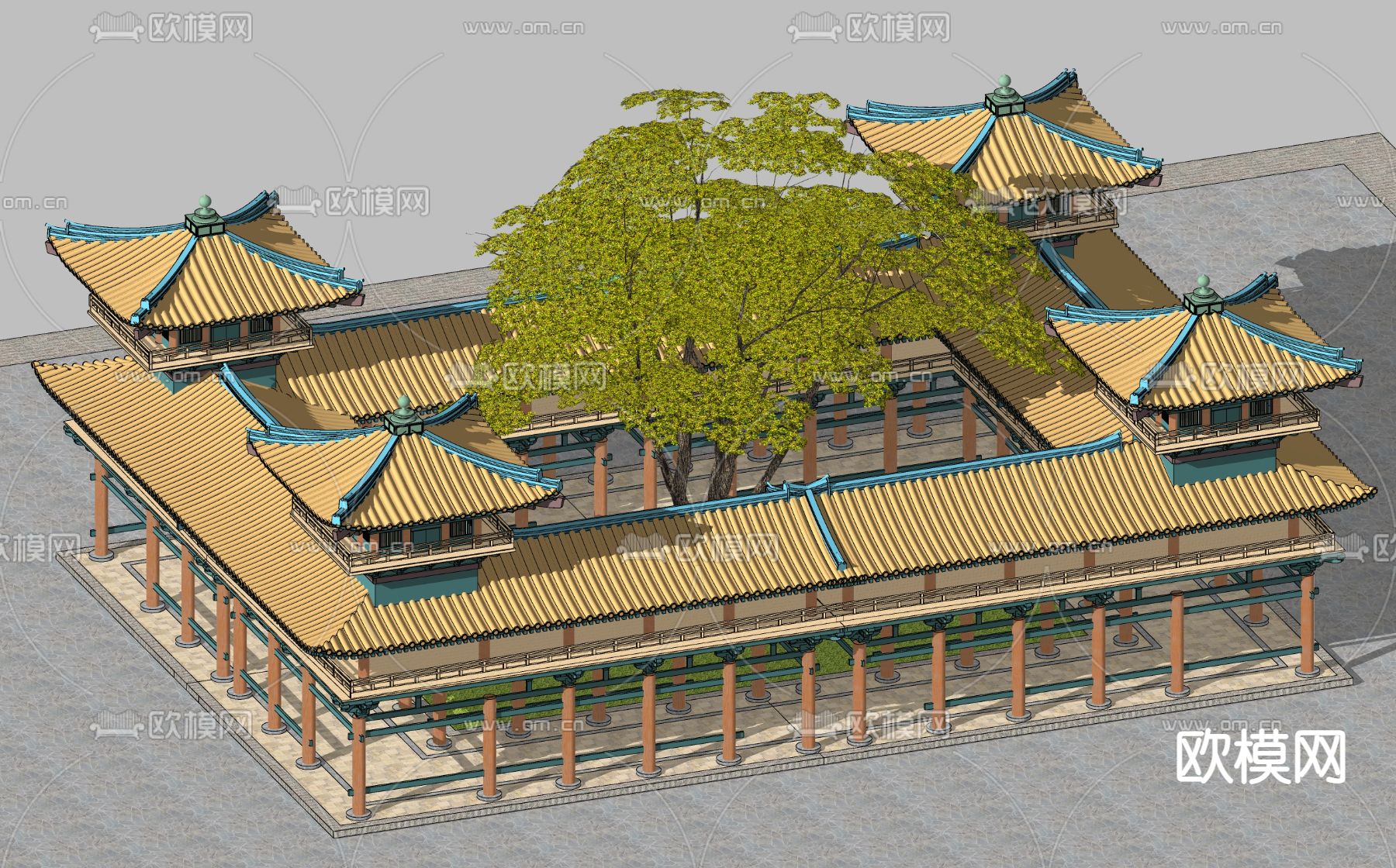 中式古建角楼连体回廊su模型下载（渲染图4）