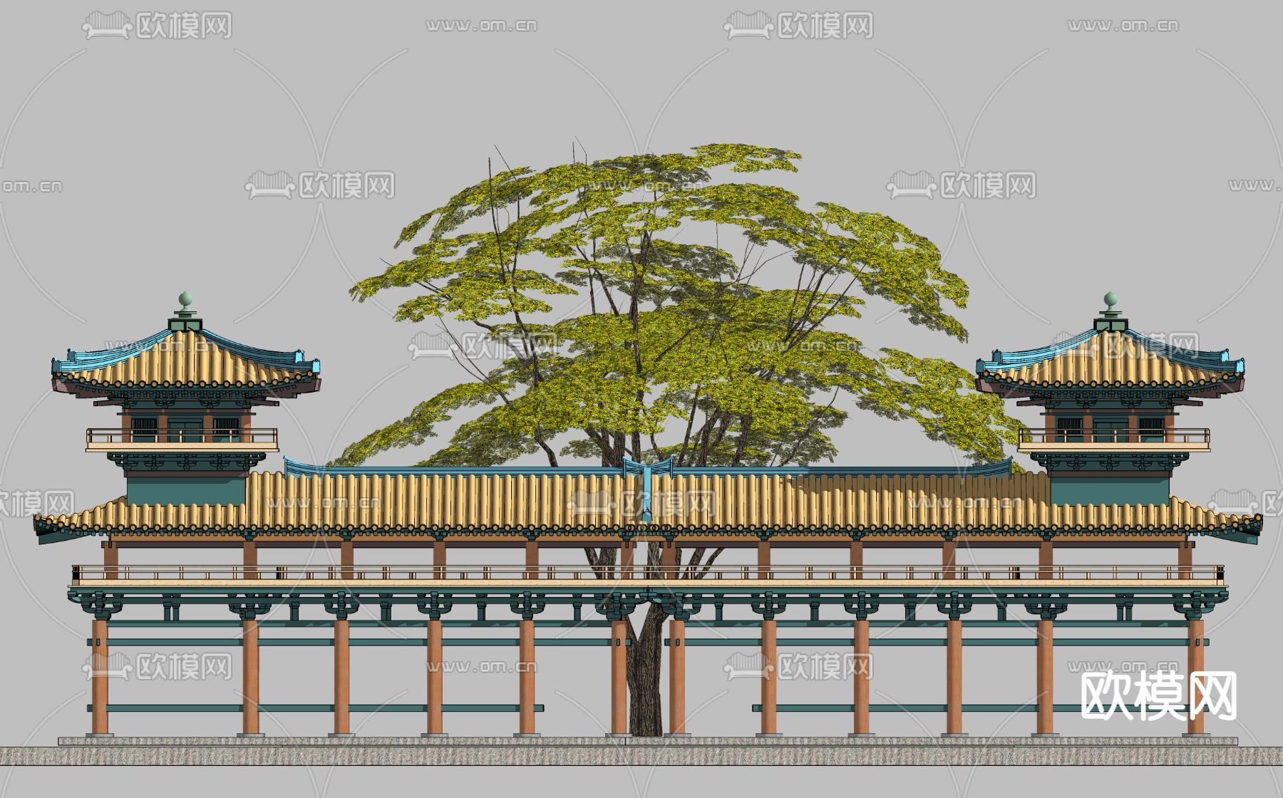 中式古建角楼连体回廊su模型下载（渲染图2）