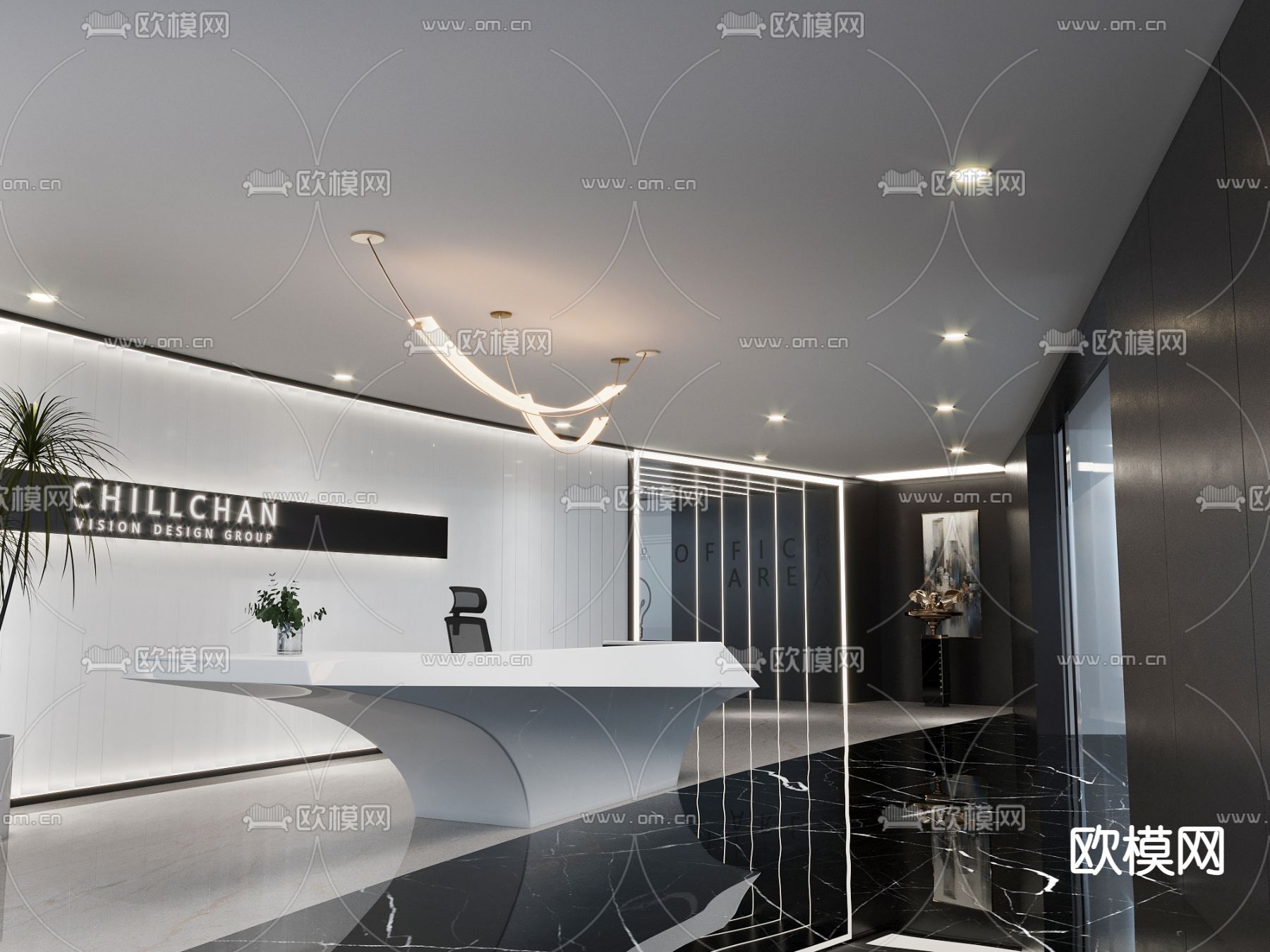 现代公司前台 接待处su模型下载（渲染图1）
