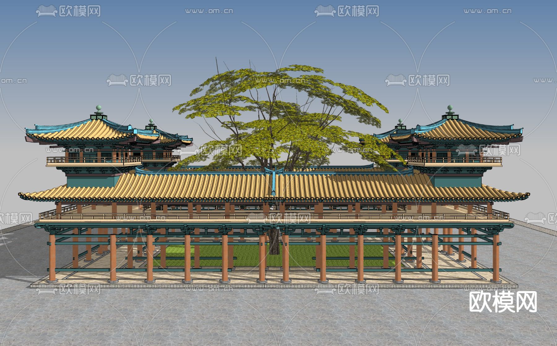 中式古建角楼连体回廊su模型下载（渲染图3）