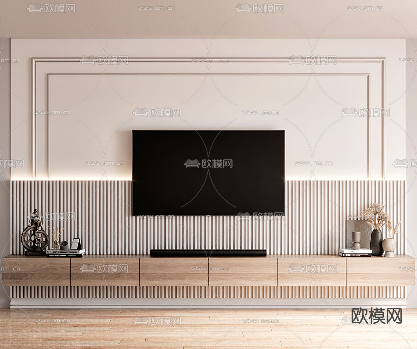 Bonaldo 奶油风电视背景墙3d模型下载（渲染图1）