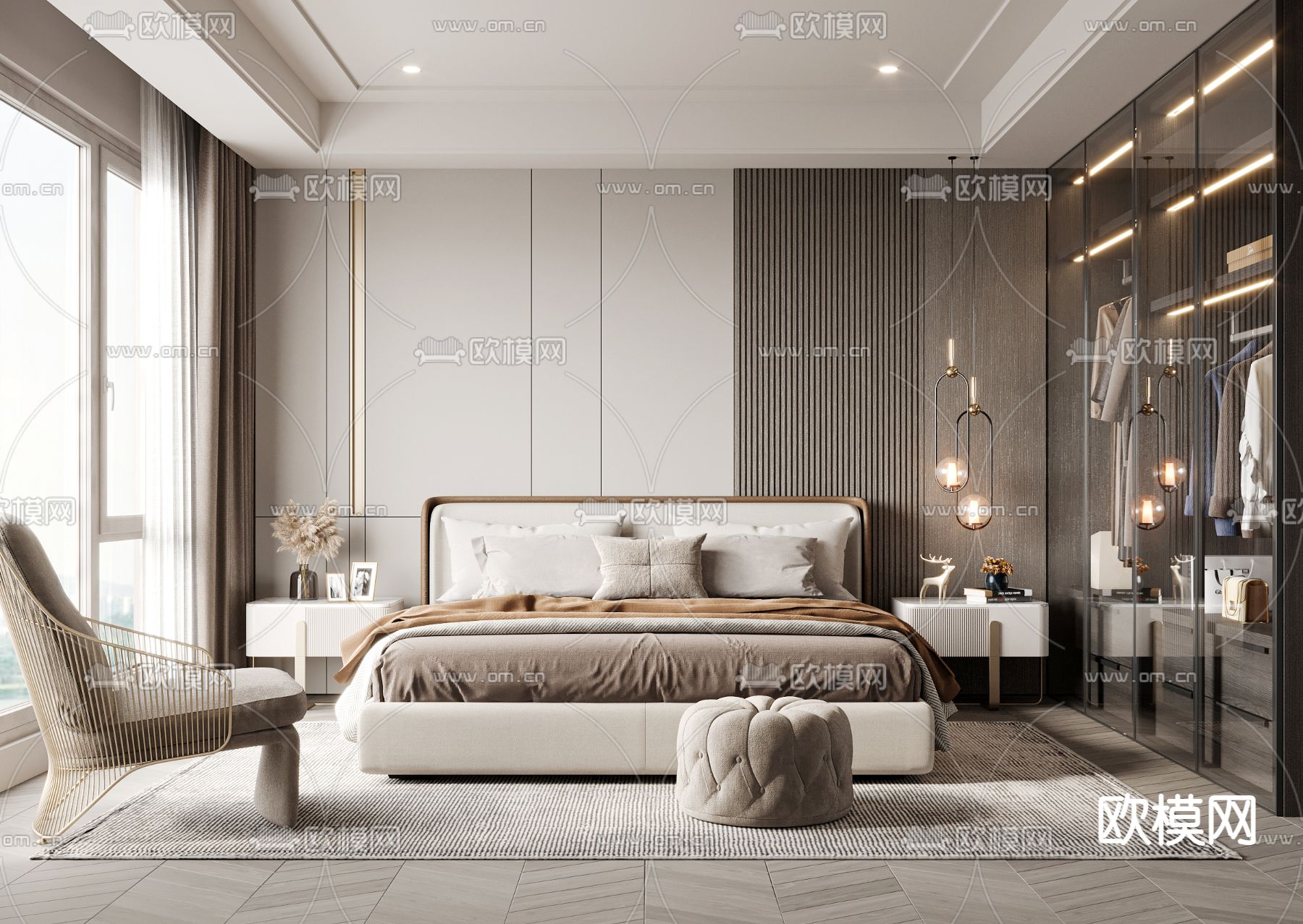 现代卧室主人房su模型下载（渲染图1）