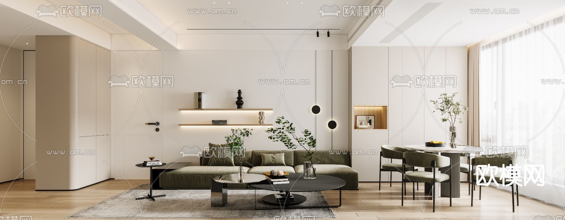 现代客厅餐厅3d模型下载（渲染图1）