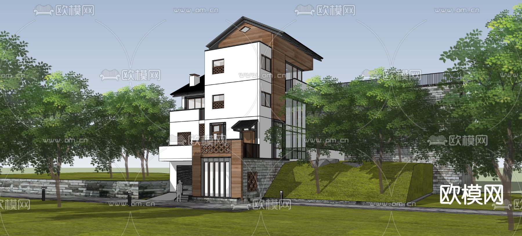 新中式别墅外观su模型下载（渲染图2）