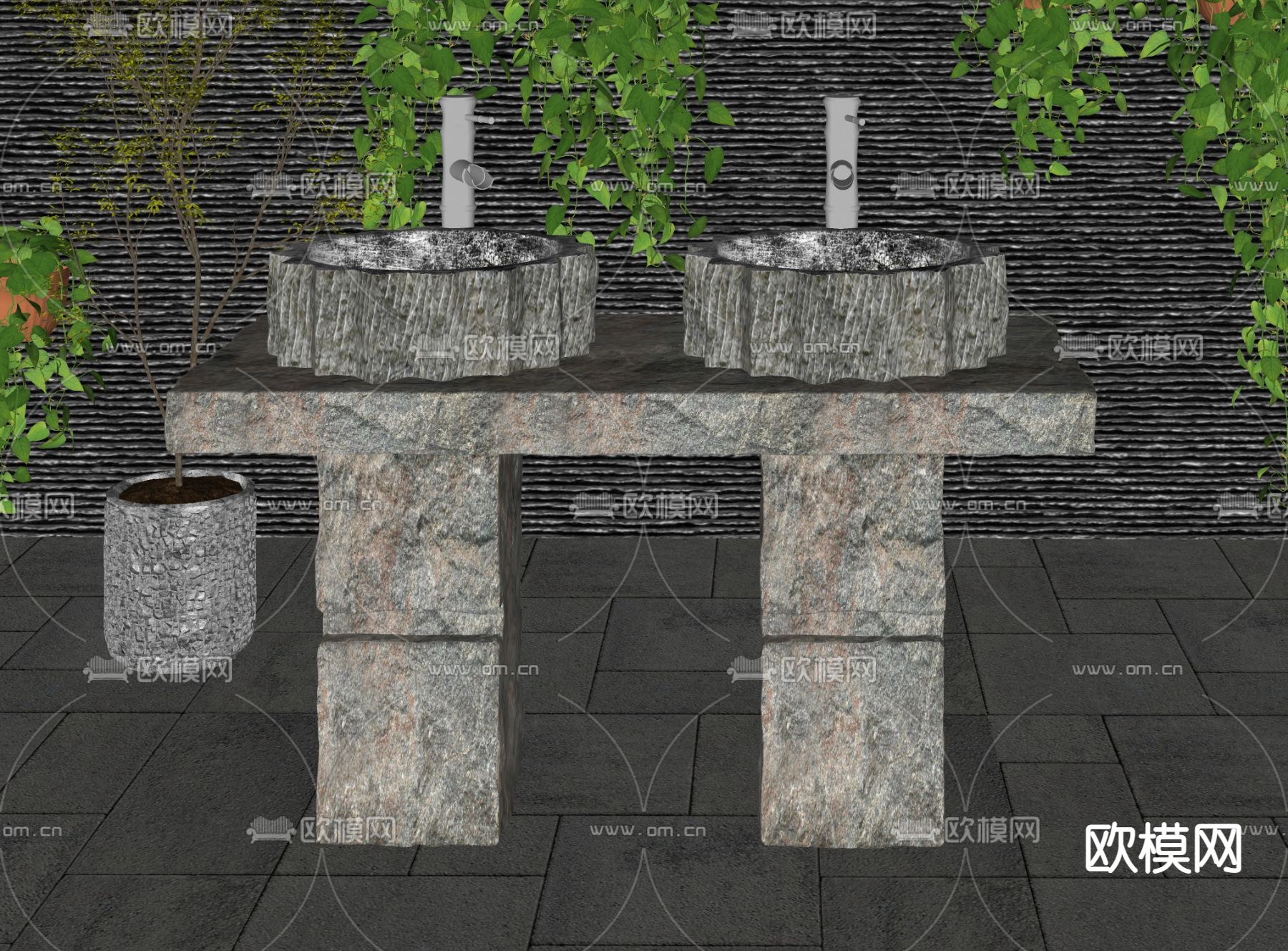 新中式石材洗手盆su模型下载（渲染图2）