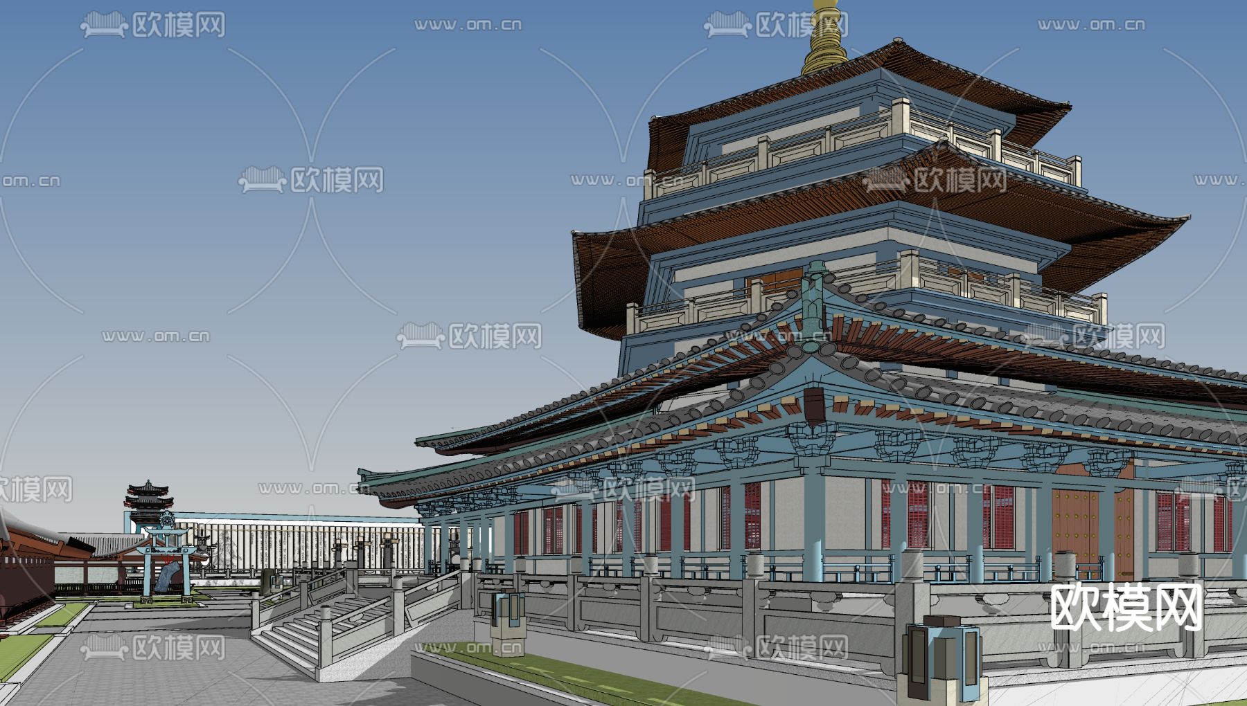 中式古建筑塔楼su模型下载（渲染图2）
