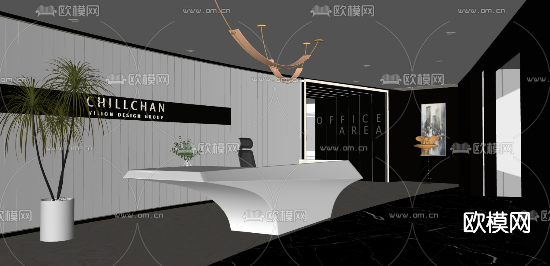 现代公司前台 接待处su模型下载（渲染图2）