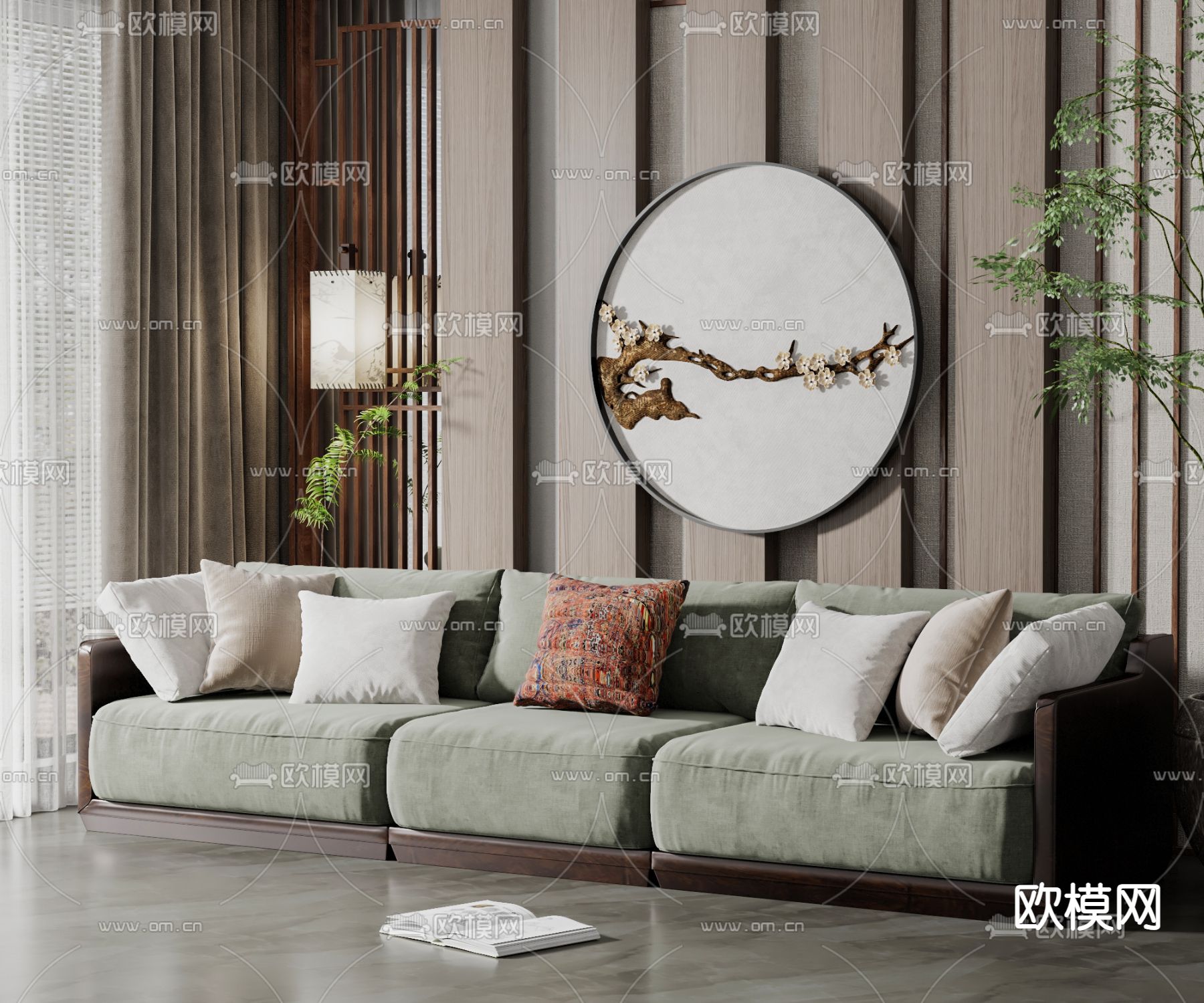 新中式三人沙发su模型下载（渲染图1）