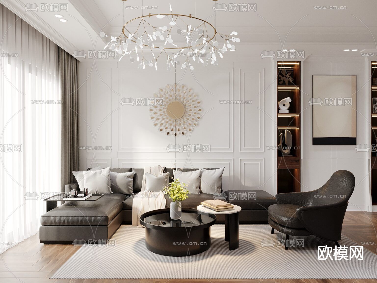 新中式轻奢创意公寓免费3d模型下载（渲染图1）