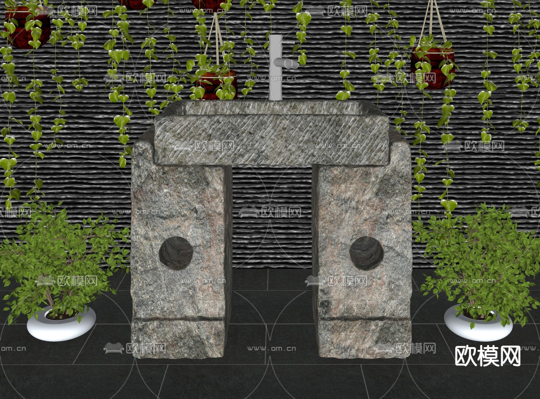 新中式石材洗手盆su模型下载（渲染图1）