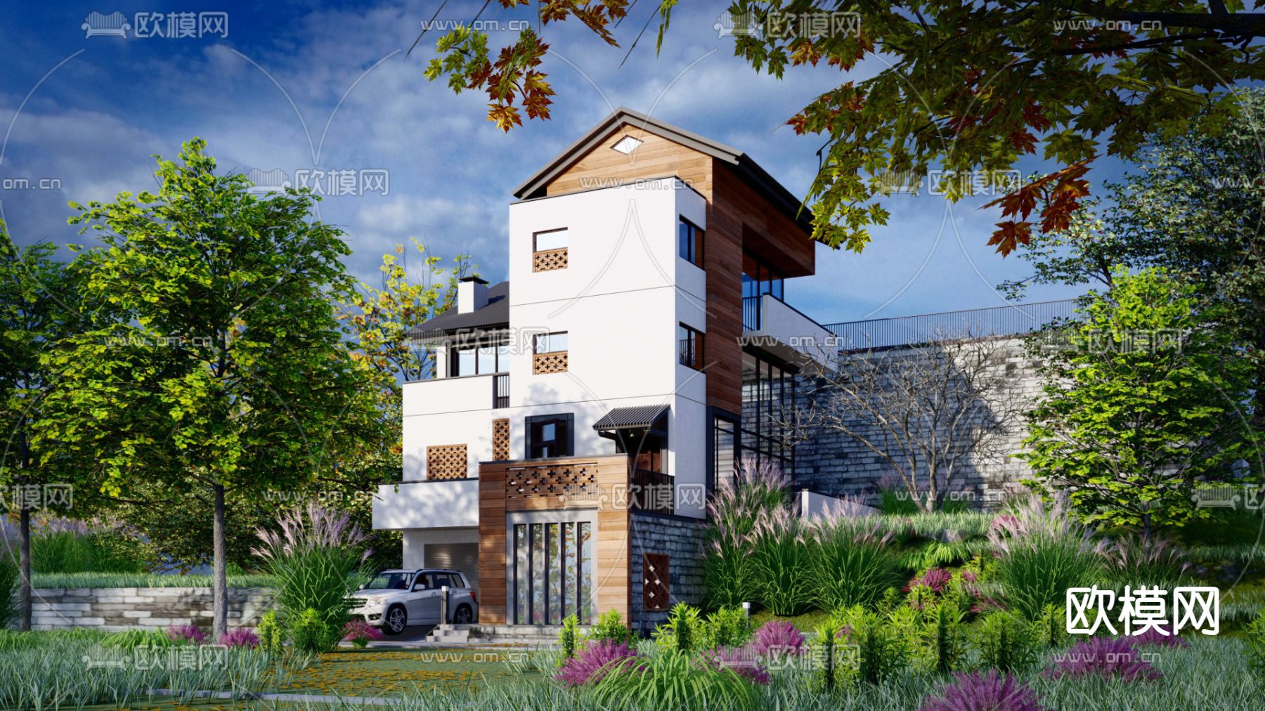 新中式别墅外观su模型下载（渲染图1）