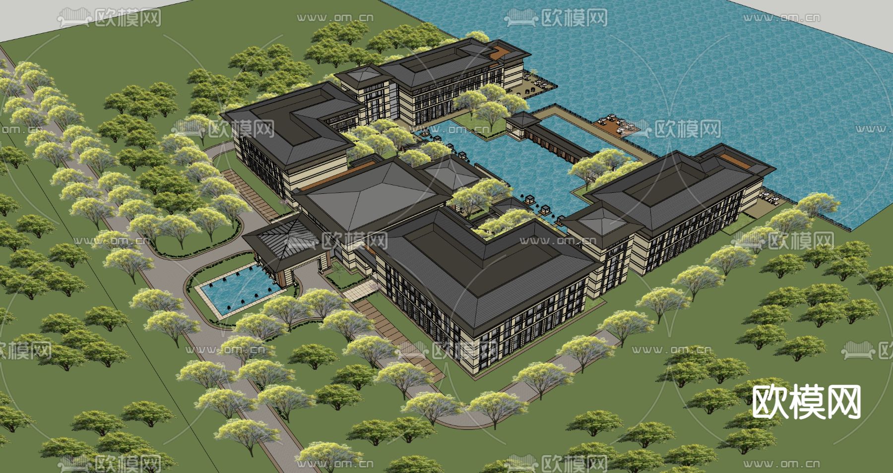 新中式酒店鸟瞰su模型