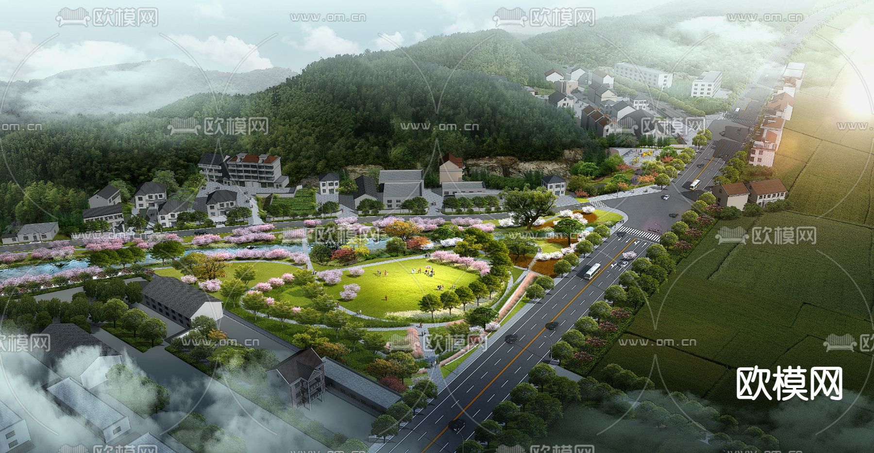 新中式住宅楼公园鸟瞰3d模型下载