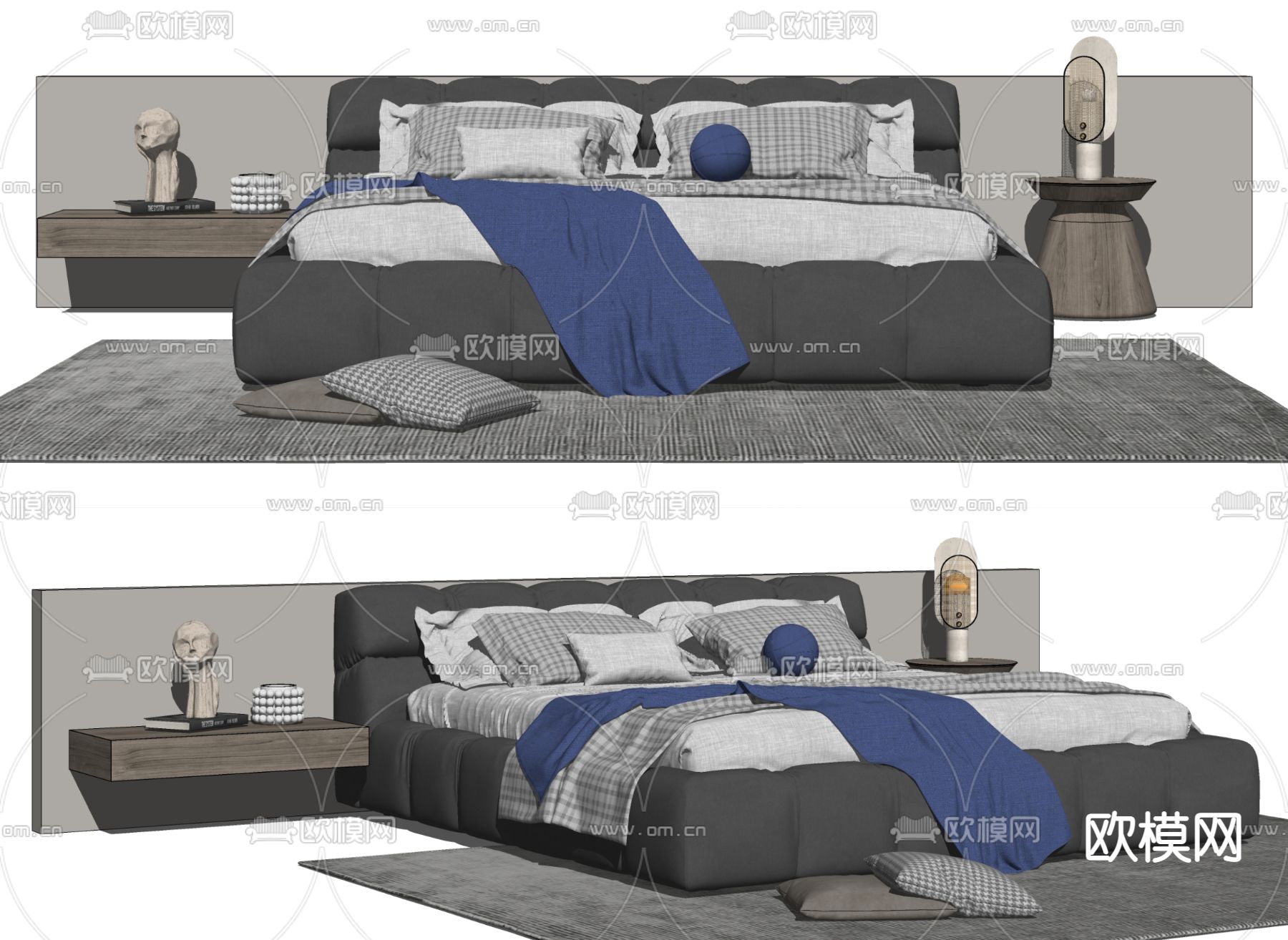 B&B Tufty 高级灰泡芙床 双人床su模型下载（渲染图2）